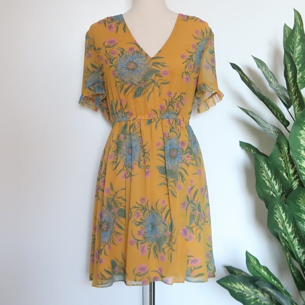 Madewell Sweetgrass Ruffle Sleeve Mini Dress in Painted Blooms Yellow & Blue 6 - Picture 6 of 16